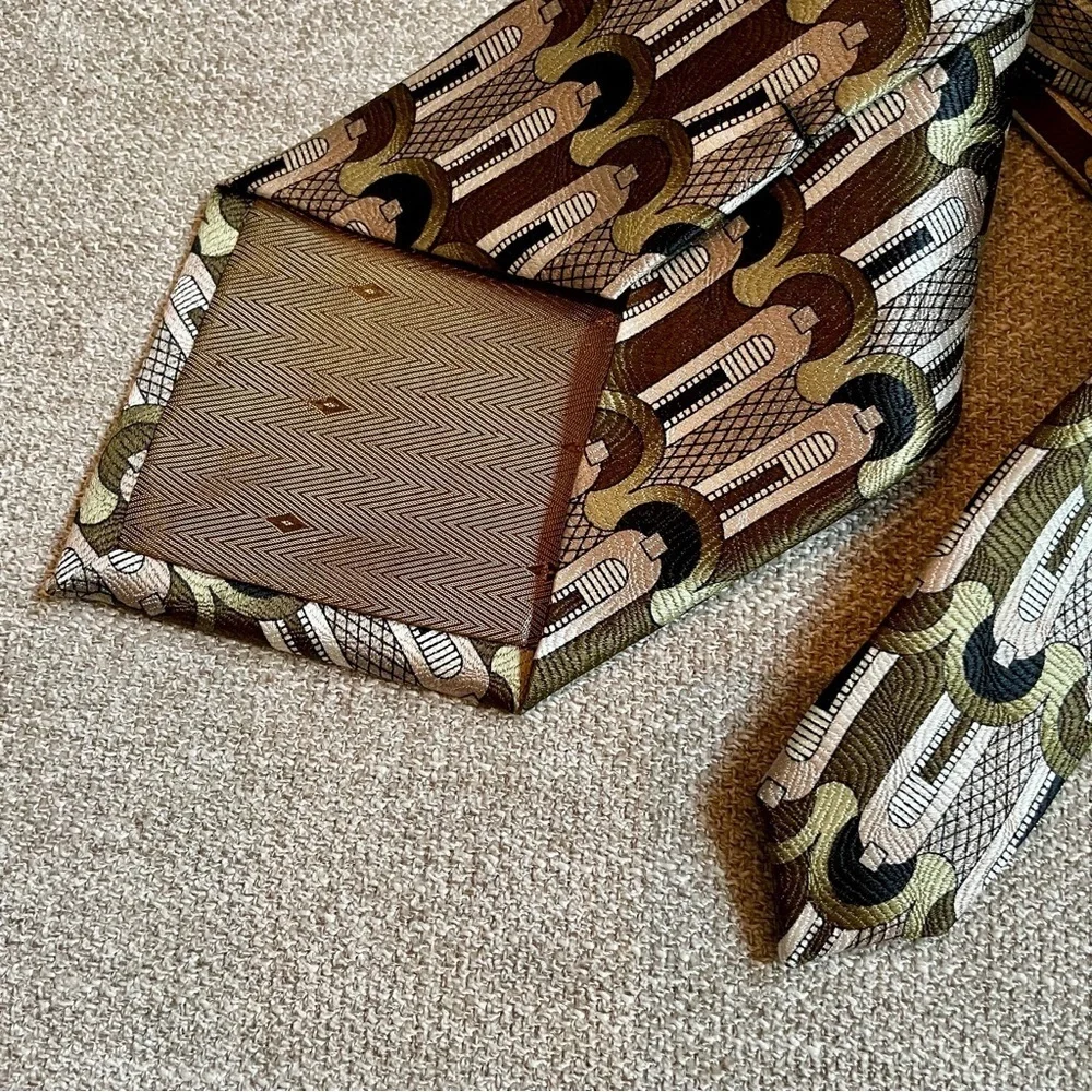 Franco Botia Vintage Art Deco 100% Silk Black Brown Green Champagne Classic Tie